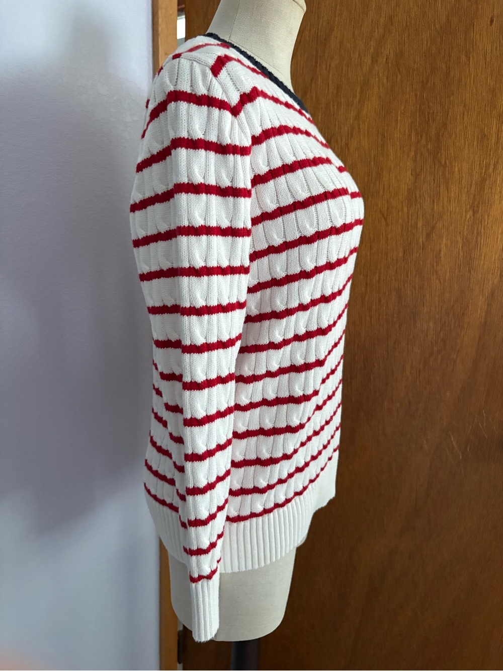POLO RALPH LAUREN Boys sz XL 18-20 Cable Knit Sweater White Red Striped - Picture 5 of 8